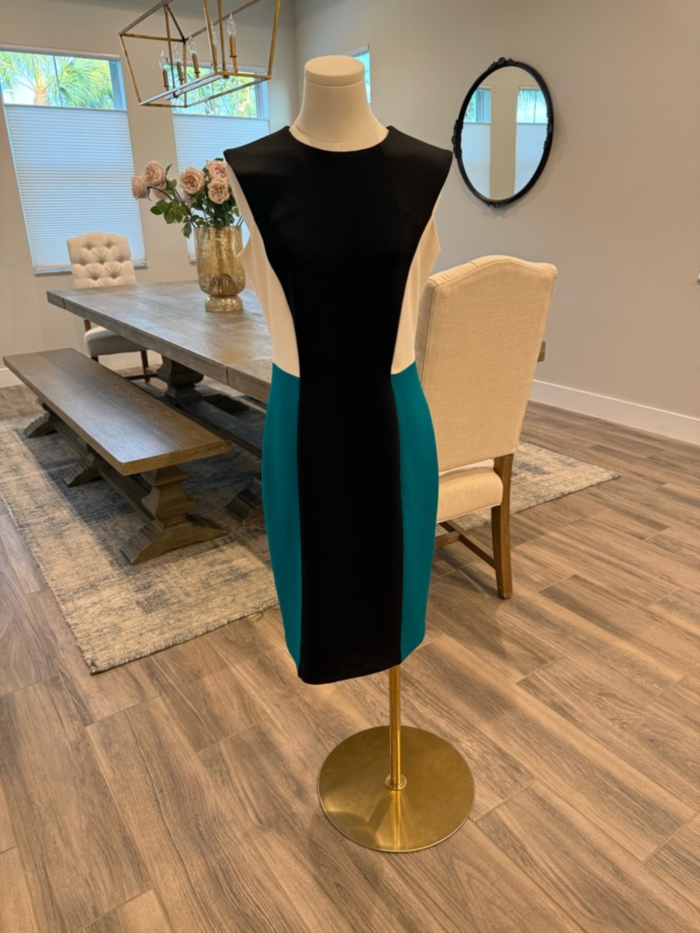 Calvin Klein Black, White & Teal Colorblock Midi Dress (worn only a few times!)